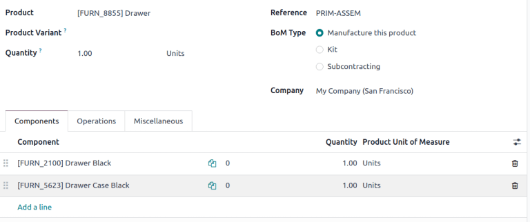 An Odoo bill of materials with component quantities.