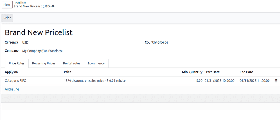 An Odoo Sales pricelist with configurable price rules.