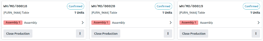 Manufacturing orders on the Odoo Shop Floor overview.