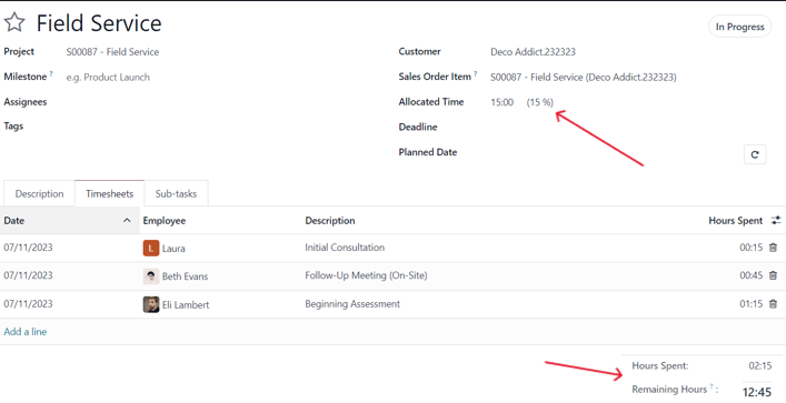 Time entries on an Odoo project task.