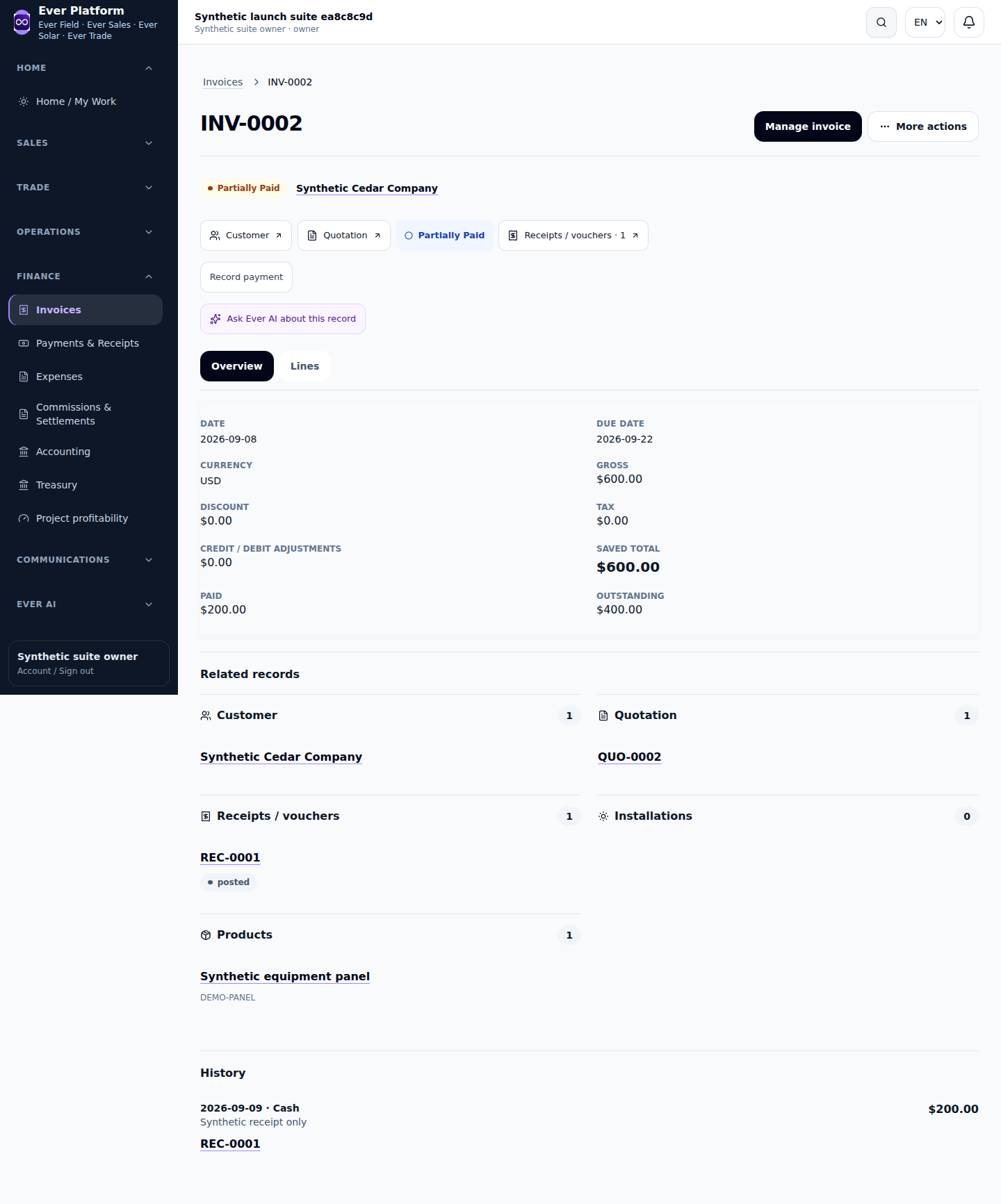 Customer invoice totaling USD 600 with USD 200 paid and USD 400 remaining