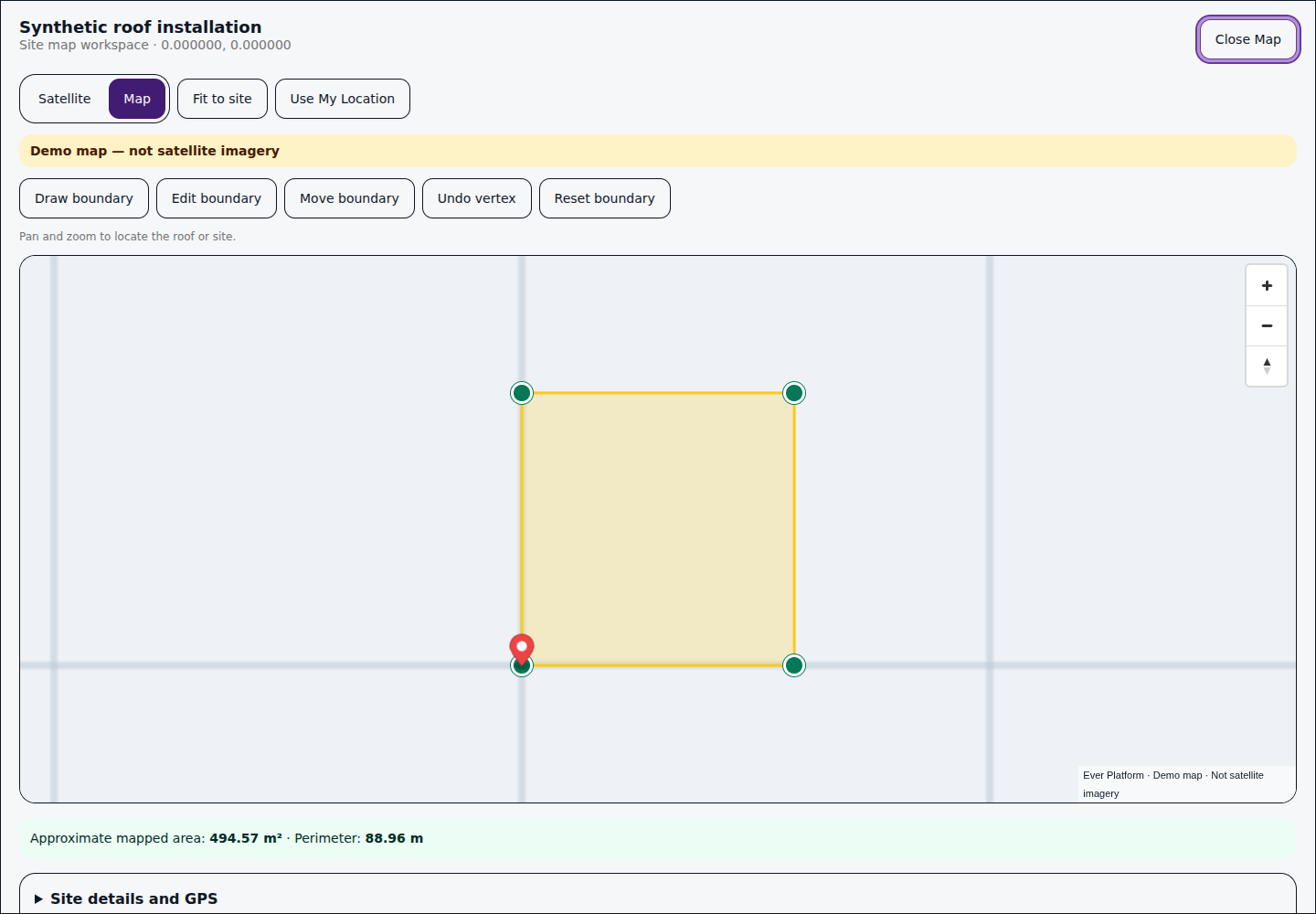 Map editor with synthetic geometry, nonzero measured area and visible fixture attribution