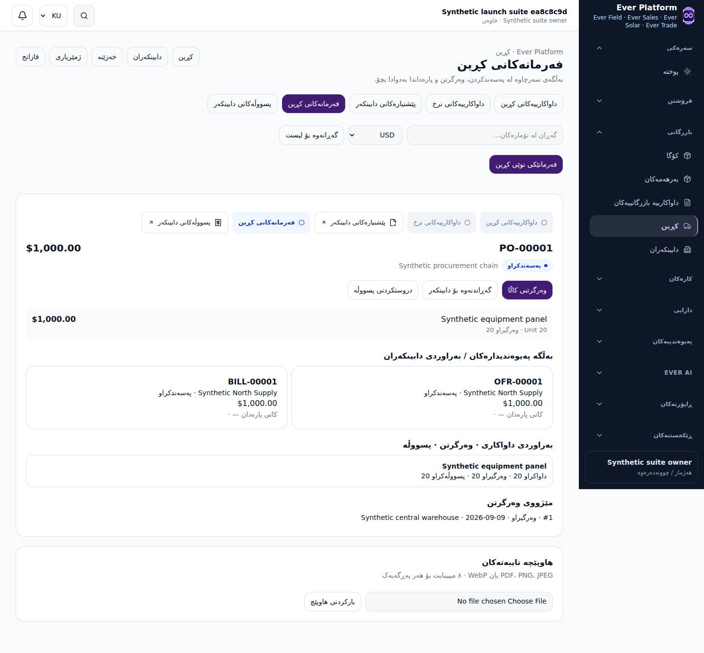 فەرمانی کڕینی پەسەندکراو لەگەڵ داواکاریی کڕین و داواکاریی نرخ و پێشنیار و پسووڵەی دابینکەر و وەرگرتنی 20 یەکەی پەیوەست