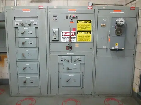 Electrical distribution panels and control switches.