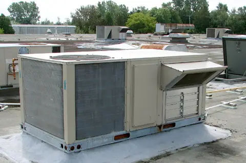 Rooftop HVAC equipment with ventilation ducts.