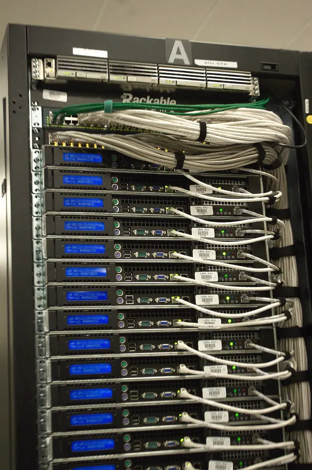 Cabling and connections at the back of a server rack.