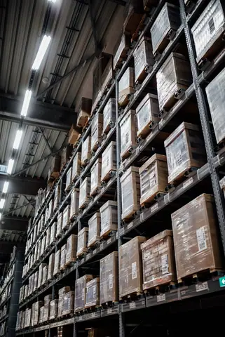 Pallets and cartons organized on warehouse racking.