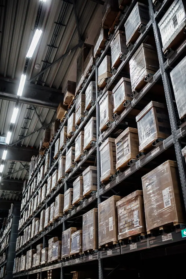 Pallets and cartons organized on warehouse racking.